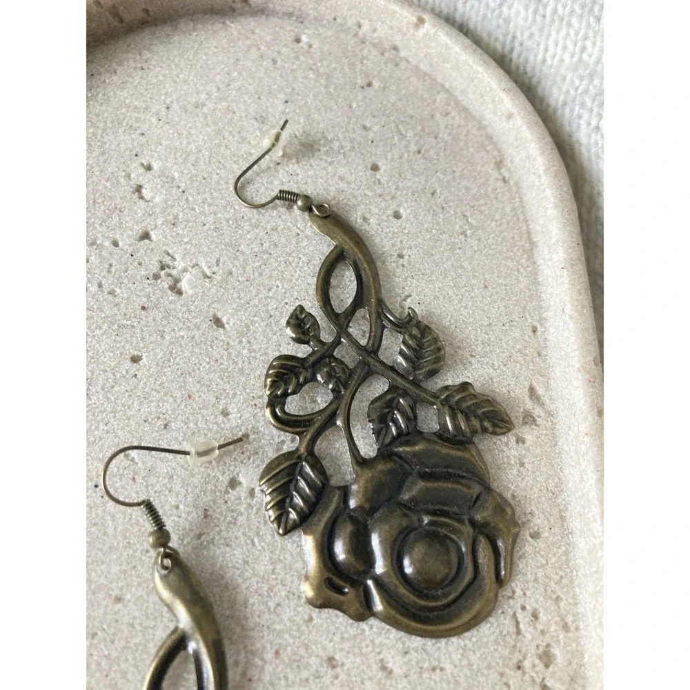Antiqued Bronze Tone‎ Rose Dangle Earrings Openwork Leaf Vine Large Floral Drop